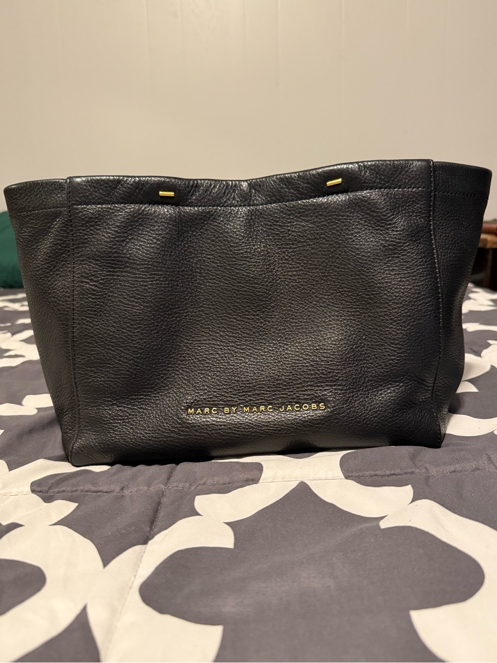 Marc by Marc Jacobs Black Pebbled Leather Shoulder Tote with Gold Logo